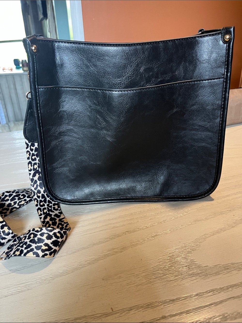 Black Women’s Crossbody Bag with Leopard Strap